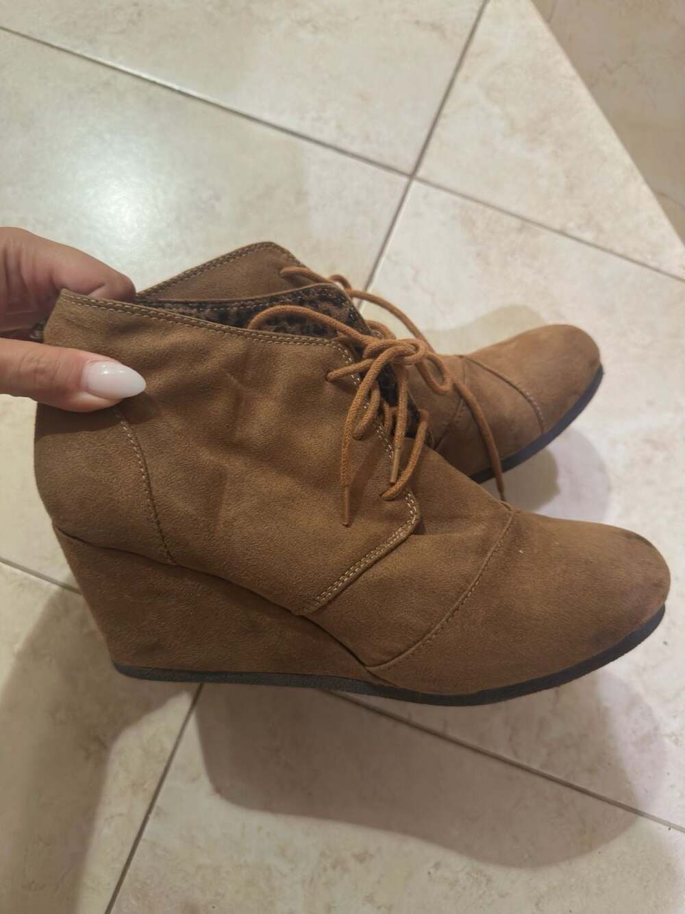 Lace-Up Wedge Ankle Booties in Tan Faux Suede